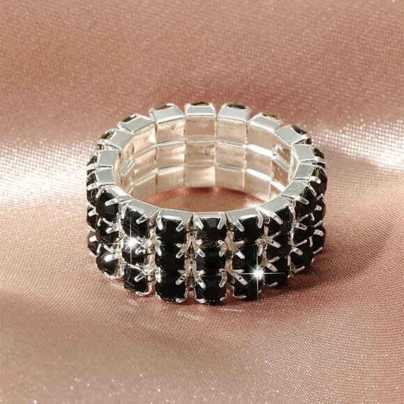 3/$35 Black Rhinestone Elastic Stretch Ring Stackable Diamond Stone Women - Picture 4 of 5